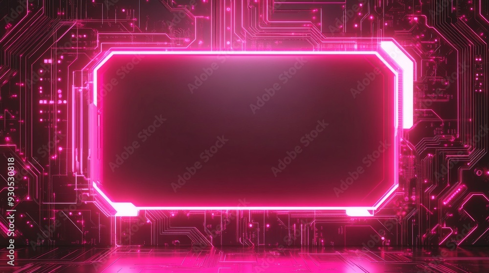 Pink neon frame glowing over futuristic circuit board background Pink neon frame glowing over futuristic circuit board background