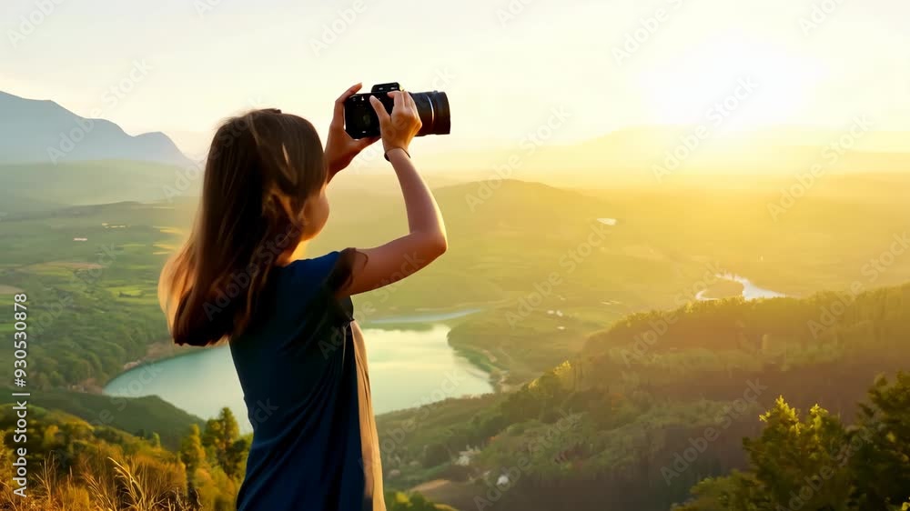 Young girl capturing beautiful landscape during golden hour in nature Young girl capturing beautiful landscape during golden hour in nature