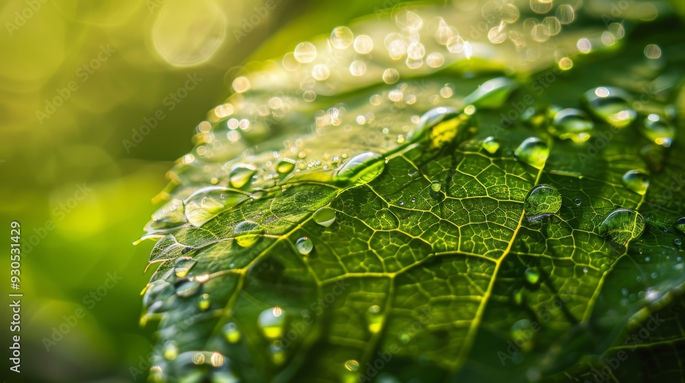 Close-up of dewy leaf surface showing intricate patterns, warm sunlight, vibrant green tones Close-up of dewy leaf surface showing intricate patterns, warm sunlight, vibrant green tones