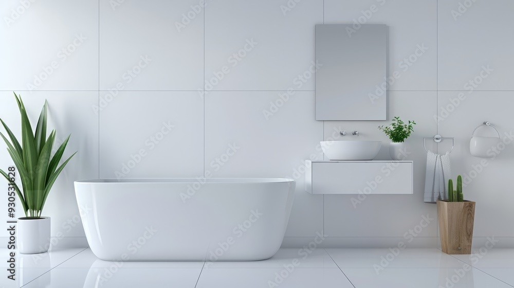 Fototapeta premium A white sink with a soap dispenser and a potted plant next to it