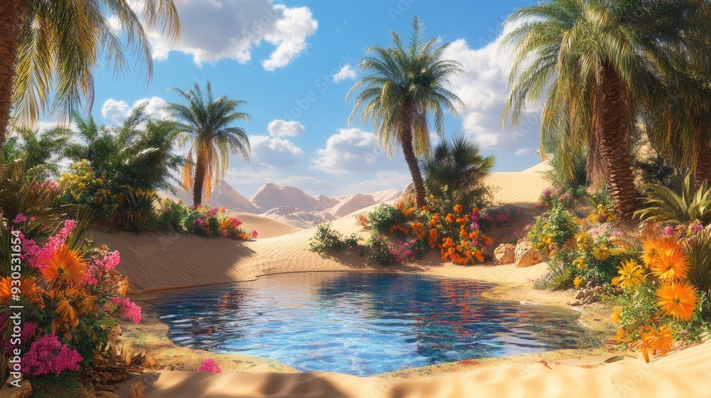 Fototapeta premium beautiful desert oasis with palm trees and colorful flowers