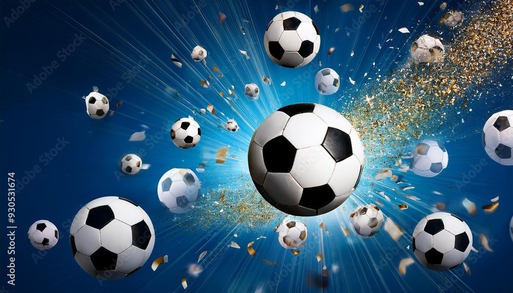 An energetic display of numerous soccer balls flying amidst confetti on a blue background An energetic display of numerous soccer balls flying amidst confetti on a blue background