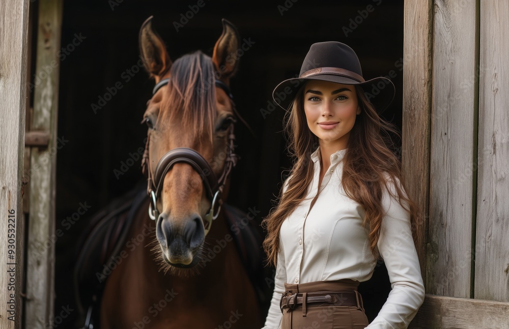 Obraz premium A graceful woman in equestrian attire guides her horse out of a stable into daylight
