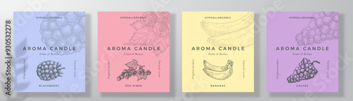 Aroma candle label design templates set. Scented air freshener product sticker mockup backgrounds collection Fruit and Berries scent decorative packaging layouts bundle