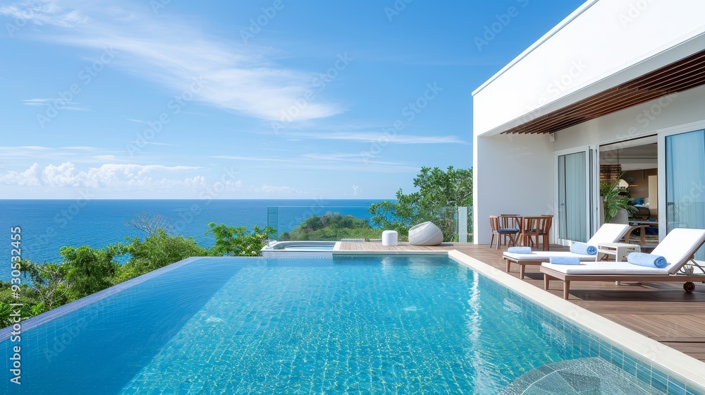 Fototapeta premium A pool is surrounded by trees and a small house