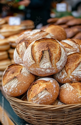 A stack of round sourdough loaves resembling rye or wheat bread with rough crusts