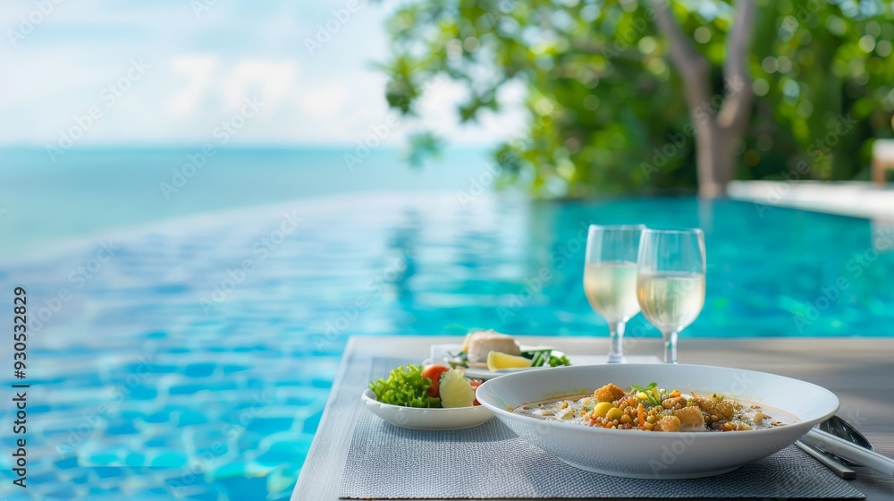 A table with a glass of wine and a plate of food by a pool A table with a glass of wine and a plate of food by a pool
