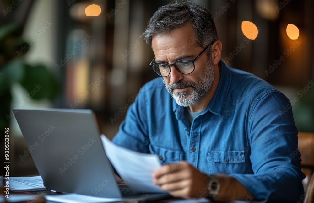 Middle aged man sitting at his desk, reading documents while using a laptop, looking focused Middle aged man sitting at his desk, reading documents while using a laptop, looking focused
