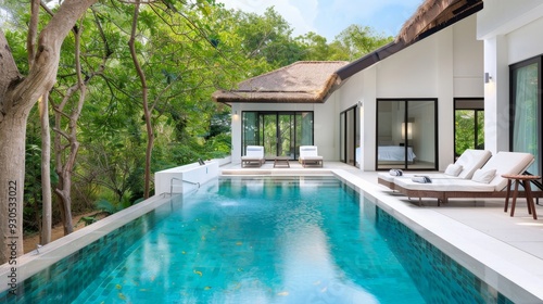A large house with a pool and a fireplace