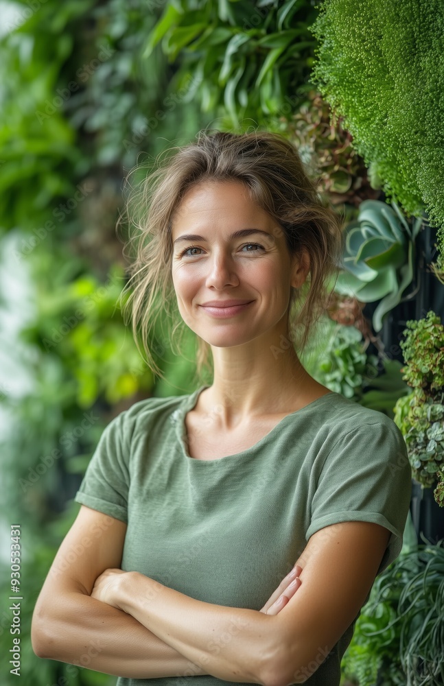 Smiling woman in green shirt, arms crossed, standing before a plant covered vertical garden wall Smiling woman in green shirt, arms crossed, standing before a plant covered vertical garden wall