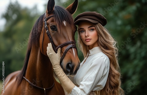 Elegant woman in white shirt, beige pants, touching horse's head at equestrian center, outdoors photo