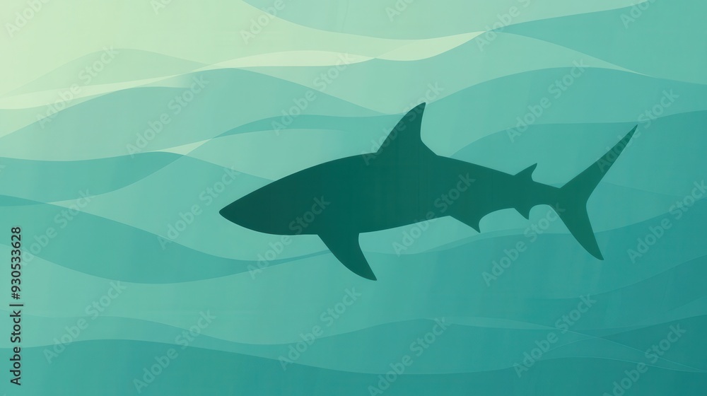 Obraz premium A stylized shark silhouette swimming in wavy blue-green water.