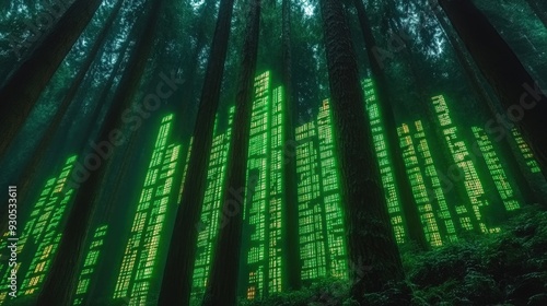 Digital green code glowing in forest trees, futuristic technology concept