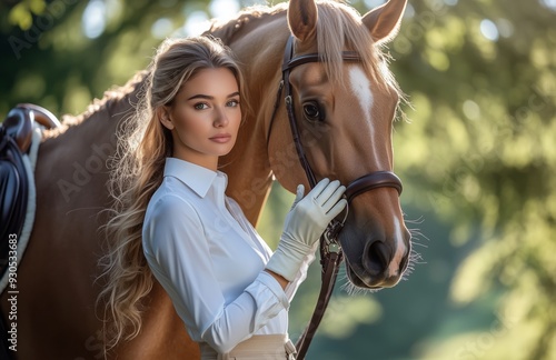 Elegant woman in white shirt, beige pants, touching horse's head at equestrian center, outdoors photo