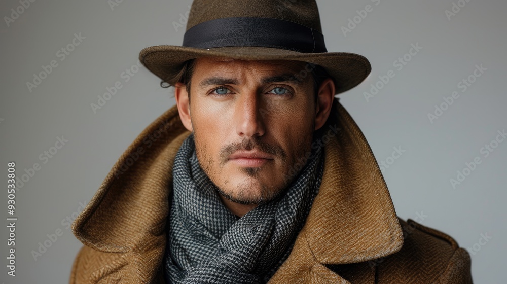 A man poses stylishly in a brown coat, hat, and scarf. His expression is thoughtful, highlighting the elegance and sophistication of his classic attire. A man poses stylishly in a brown coat, hat, and scarf. His expression is thoughtful, highlighting the elegance and sophistication of his classic attire.