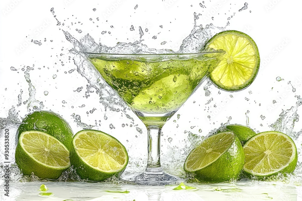 Cocktail glasses splashing with limes and ice on white background Cocktail glasses splashing with limes and ice on white background