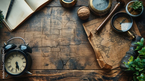 A historical exploration setup on a rustic wooden surface featuring an old map, compass, clocks, and notebooks designed to stir curiosity and adventure in your study. photo