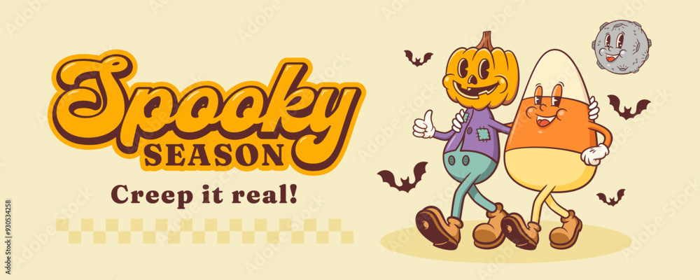 Halloween Groovy Pumpkin and Candy Corn Retro Characters. Cartoon Spooky Personage Banner. Vector Autumn Holiday Mascot Template. Happy Vintage Cool Illustration Isolated Halloween Groovy Pumpkin and Candy Corn Retro Characters. Cartoon Spooky Personage Banner. Vector Autumn Holiday Mascot Template. Happy Vintage Cool Illustration Isolated