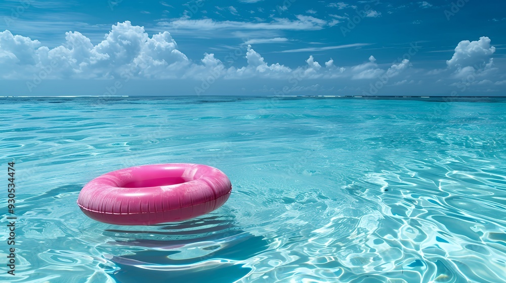 A pink inflatable ring floating in clear blue ocean water under a bright sky. A pink inflatable ring floating in clear blue ocean water under a bright sky.