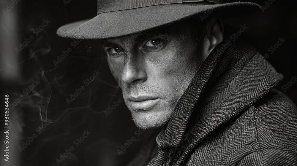A close-up black and white image of a man with a serious expression, wearing a fedora hat and coat, with smoke surrounding him adding to the mystery. A close-up black and white image of a man with a serious expression, wearing a fedora hat and coat, with smoke surrounding him adding to the mystery.