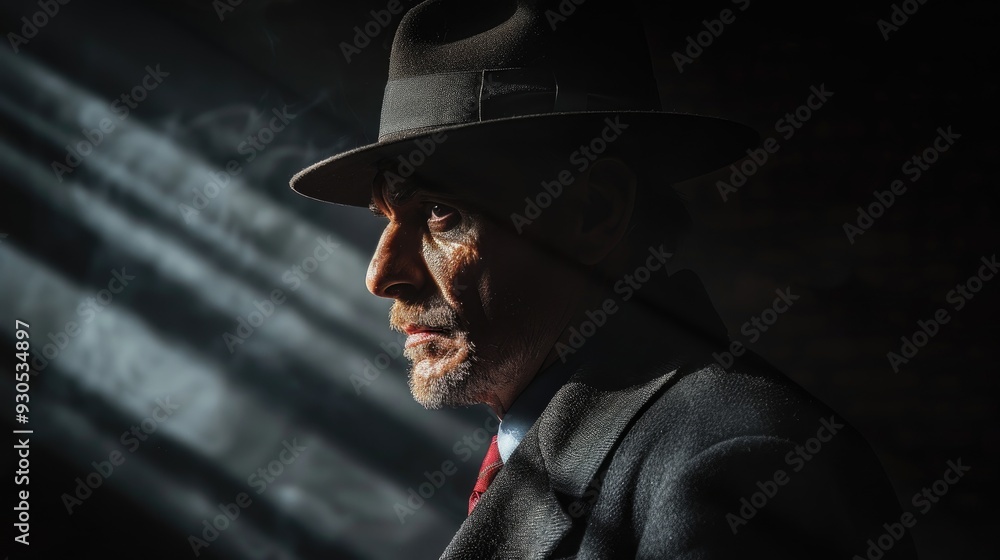 A dramatic side profile of an older man with a weathered face, highlighted by strong light and shadows, creating a timeless and introspective scene with a fedora hat. A dramatic side profile of an older man with a weathered face, highlighted by strong light and shadows, creating a timeless and introspective scene with a fedora hat.