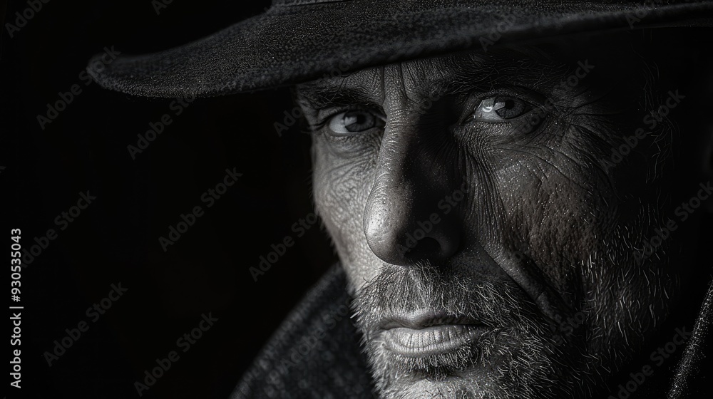 A very close shot of a man with a serious and focused expression, wearing a hat. Detailed facial features and textures highlight determined mood. A very close shot of a man with a serious and focused expression, wearing a hat. Detailed facial features and textures highlight determined mood.