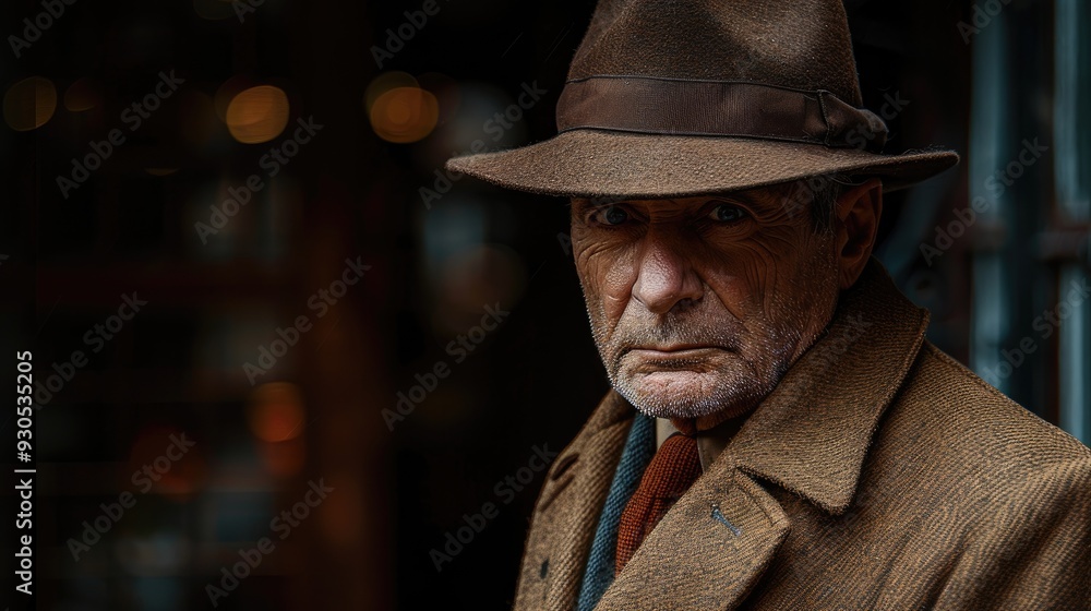An elderly man dressed in a coat and hat with a serious expression standing in a dimly lit environment, evoking a sense of mystery and wisdom from a bygone era. An elderly man dressed in a coat and hat with a serious expression standing in a dimly lit environment, evoking a sense of mystery and wisdom from a bygone era.