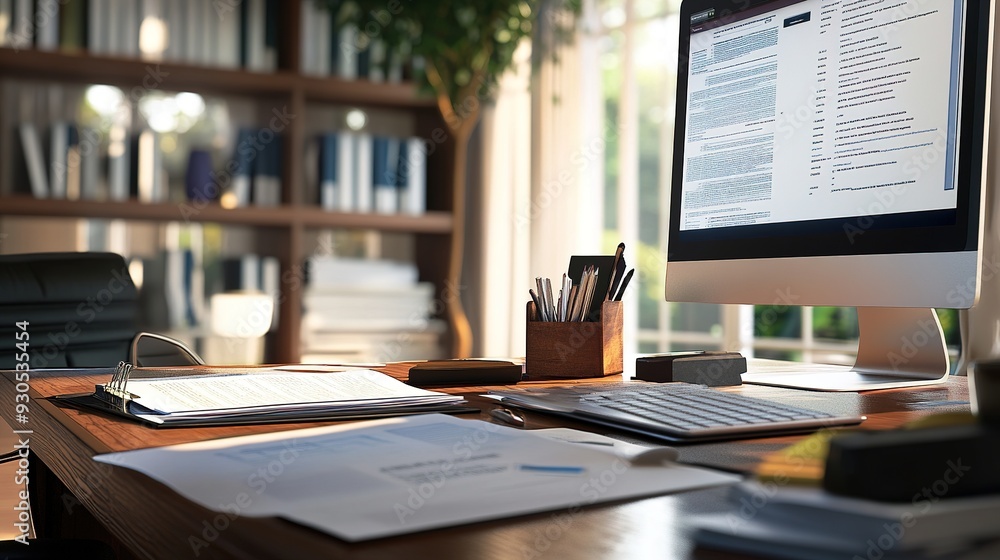 A desk filled with documents, reports, and a computer displaying a digital version of a contract A desk filled with documents, reports, and a computer displaying a digital version of a contract