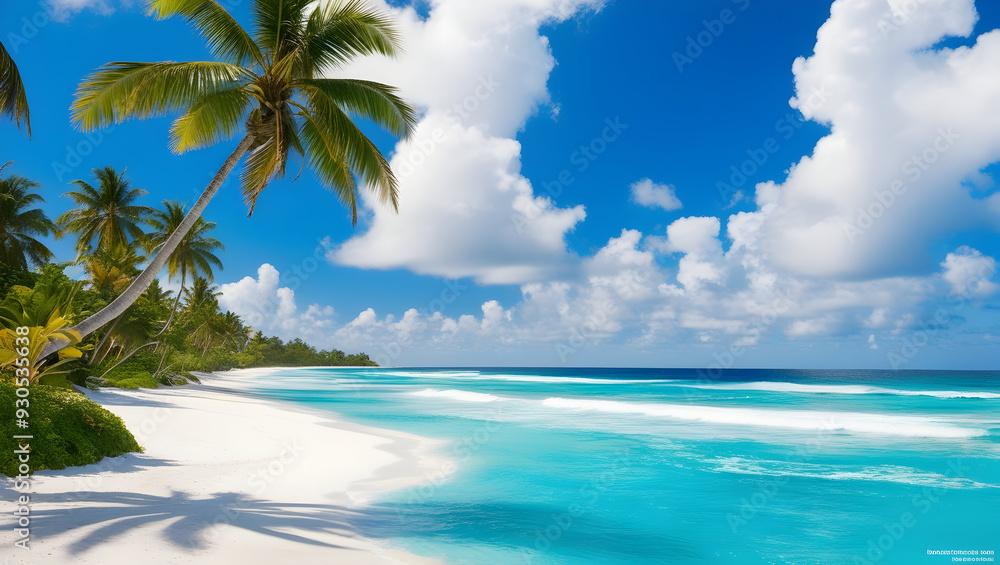 view of the beach and coconut trees view of the beach and coconut trees