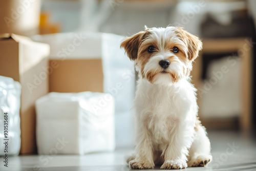 Funny Dog sitting next to a clean white bag of pet food package