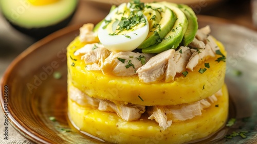 Layered Causa Rellena, featuring smooth yellow mashed potatoes stacked with a rich chicken filling. photo