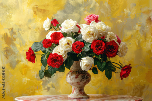 Jarrón de mármol con un ramo de rosas de colores: rojo, rosa y blanco con ramas con hojas verdes. Decoración de la casa y interiorismo. Fondo amarillo, papel pintado. 