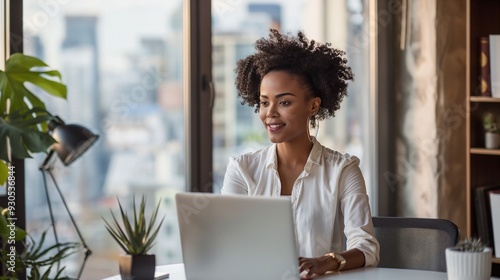 Elegant professional woman conducting a virtual interview in a sophisticated home office with a stunning city skyline view, embodying the modern concept of remote work. Free Download Elegant professional woman conducting a virtual interview in a sophisticated home office with a stunning city skyline view, embodying the modern concept of remote work. - GFXLoad