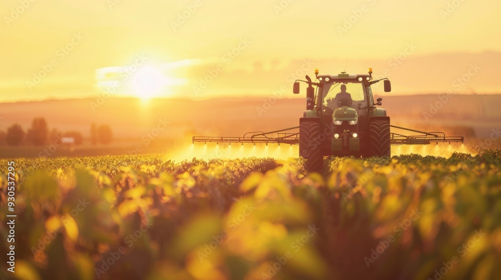 Farming tractor spraying soybean crops at sunset Farming tractor spraying soybean crops at sunset