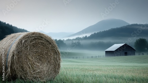 A scenic image capturing a hay bale in an expansive field with misty mountains and a distant barn. The early morning light adds a serene and tranquil ambience. photo