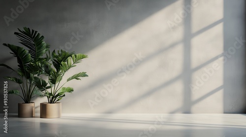 Two green potted plants in a well-lit minimalistic interior space, casting smooth shadows on the wall, symbolizing natural beauty and tranquility in home decor.