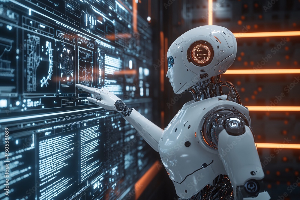 Advanced Humanoid Robot Interacting with Futuristic Interface Advanced Humanoid Robot Interacting with Futuristic Interface