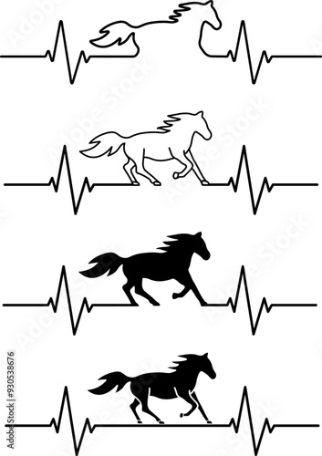 Horse Heartbeat Pulse Rate Illustration Clipart Set - Isolated Outline and Silhouette Diagram