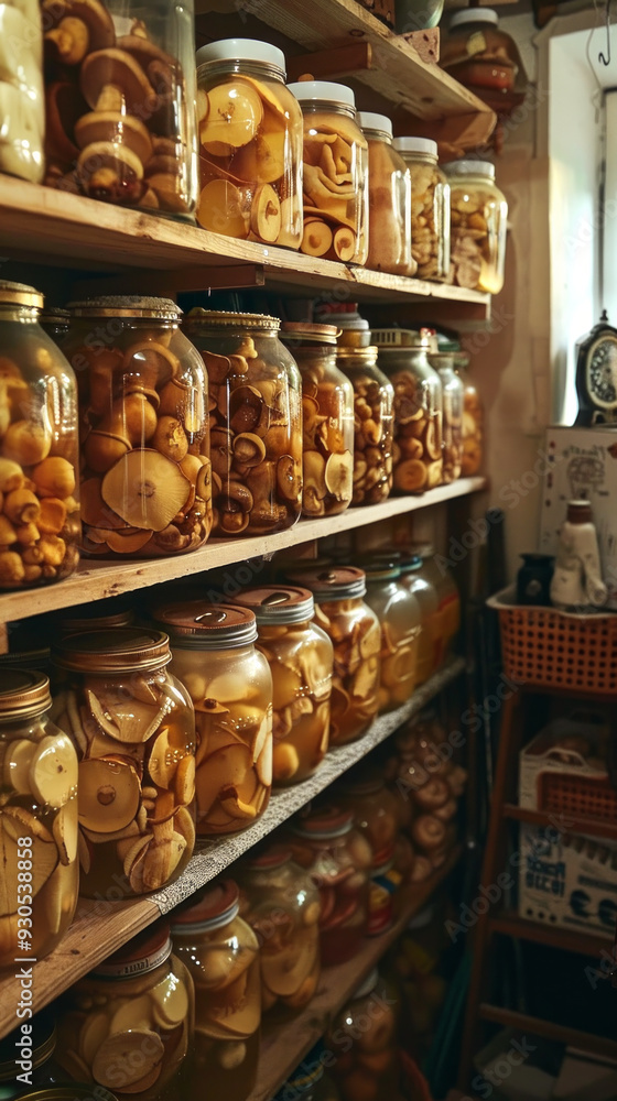 Shelves Filled with Glass Jars of Preserved Mushrooms Stored in a Rustic Pantry. Concept of Home Canning, Food Preservation, Sustainable Living, Stocking Up for Winter. Vertical format Shelves Filled with Glass Jars of Preserved Mushrooms Stored in a Rustic Pantry. Concept of Home Canning, Food Preservation, Sustainable Living, Stocking Up for Winter. Vertical format