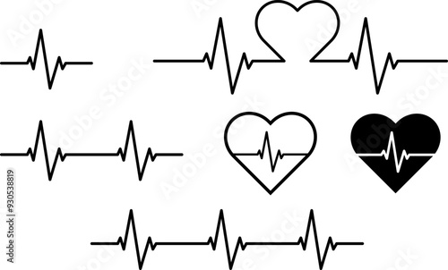 Heartbeat Pulse Rate Illustration Clipart Set - Isolated Outline and Silhouette Simplified Diagram