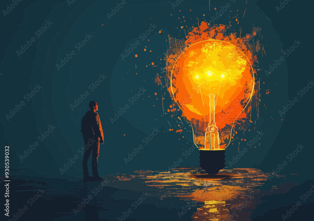Man Staring at Giant Glowing Lightbulb in Dark Creating New Innovation Project, Minimalistic Surreal Business Concept Vector Illustration Man Staring at Giant Glowing Lightbulb in Dark Creating New Innovation Project, Minimalistic Surreal Business Concept Vector Illustration