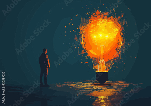 Man Staring at Giant Glowing Lightbulb in Dark Creating New Innovation Project, Minimalistic Surreal Business Concept Vector Illustration