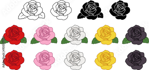Cartoon Rose Flower with and without Leaves Illustration Clipart - Isolated Outline, Silhouette & Red, Pink, Yellow, White and Black Colors