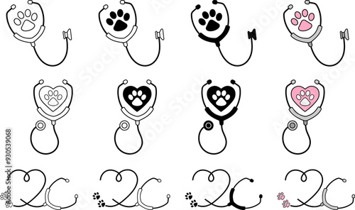 Cartoon Stethoscope Illustration Clipart for Vet Tech with Heart and Pet Paw Print - Isolated Outline, Silhouette and Color