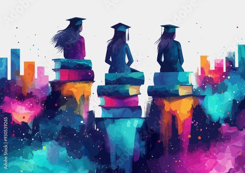 Abstract illustration of graduates atop stacked books, symbolizing education and knowledge, vibrant minimalistic design, representing steps to success, colorful academic journey, educational concept