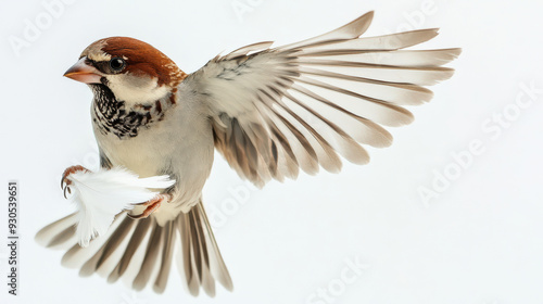 A beautiful sparrow in mid-flight, showcasing its graceful wings and striking features against a bright background. photo