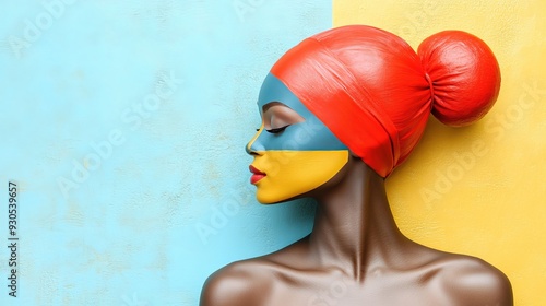 Colorful portrait of woman with abstract face paint and bold background