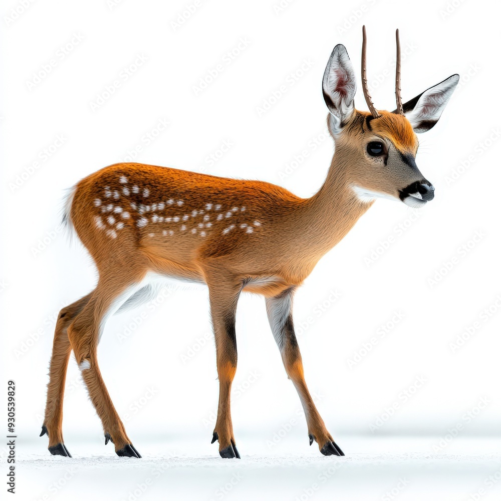 A charming young deer standing gracefully against a plain background, showcasing its delicate features and unique charm. A charming young deer standing gracefully against a plain background, showcasing its delicate features and unique charm.