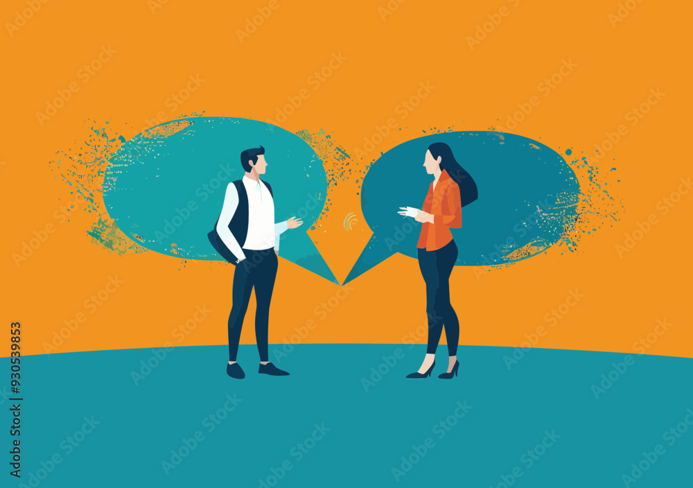 People Negotiating and Reaching Unity, Two Individuals Completing Speech Bubble, Metaphorical Representation of Agreement, Minimalistic Vector Illustration for Business or Corporate Use People Negotiating and Reaching Unity, Two Individuals Completing Speech Bubble, Metaphorical Representation of Agreement, Minimalistic Vector Illustration for Business or Corporate Use