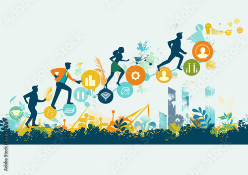 Team Business Career Growth, Illustrative Vector of People Running Upwards Through Business Icons, Minimalistic Art Depiction of Career Progression and Development in Professional Context